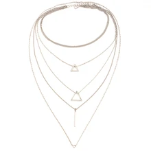 Women Multi-layer Necklace Chain Triangle Pendant Choker Alloy Necklace Triangle strip pendant multi-layer female Jewelry elegant triangle alloy shirt collar tips necklace silver