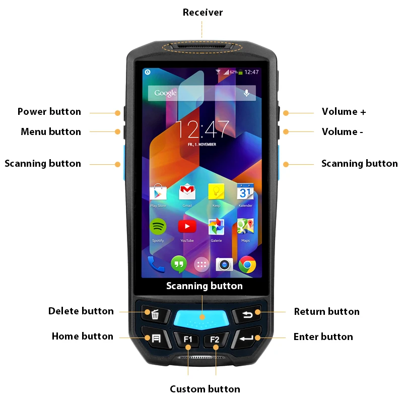 الروبوت 7.0 4G كمبيوتر محمول باليد POS البيانات محطة طابعة Wifi بلوتوث UHF NFC RFID قارئ PDA ماسح الباركود مع عرض الروبوت 7.0 4G كمبيوتر محمول باليد POS البيانات محطة طابعة Wifi بلوتوث UHF NFC RFID قارئ PDA ماسح الباركود مع عرض