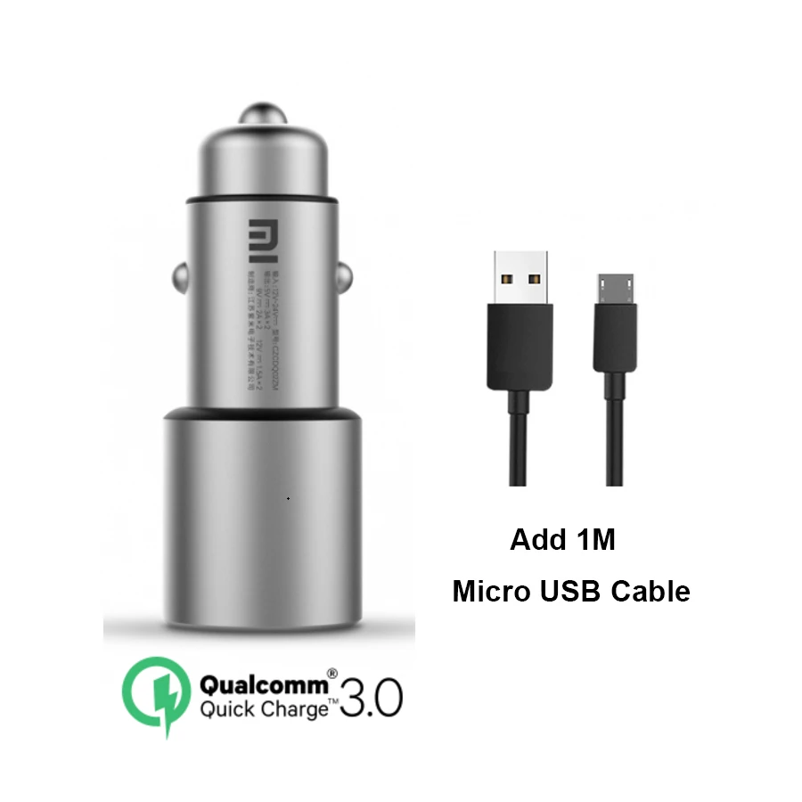 Оригинальное Xiaomi Mi автомобильное зарядное устройство с двумя USB, 5 В/3 А, 9 В/2 А, 12 В/1,5 А, металлическое универсальное быстрое зарядное устройство QC 3,0 для iPhone, samsung, LG, huawei - Тип штекера: Add Micro USB Cable