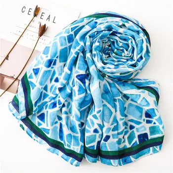 

KYQIAO women blue print hijab scarf female autumn spring Thailand style long blue pattern head scarf foulard femme