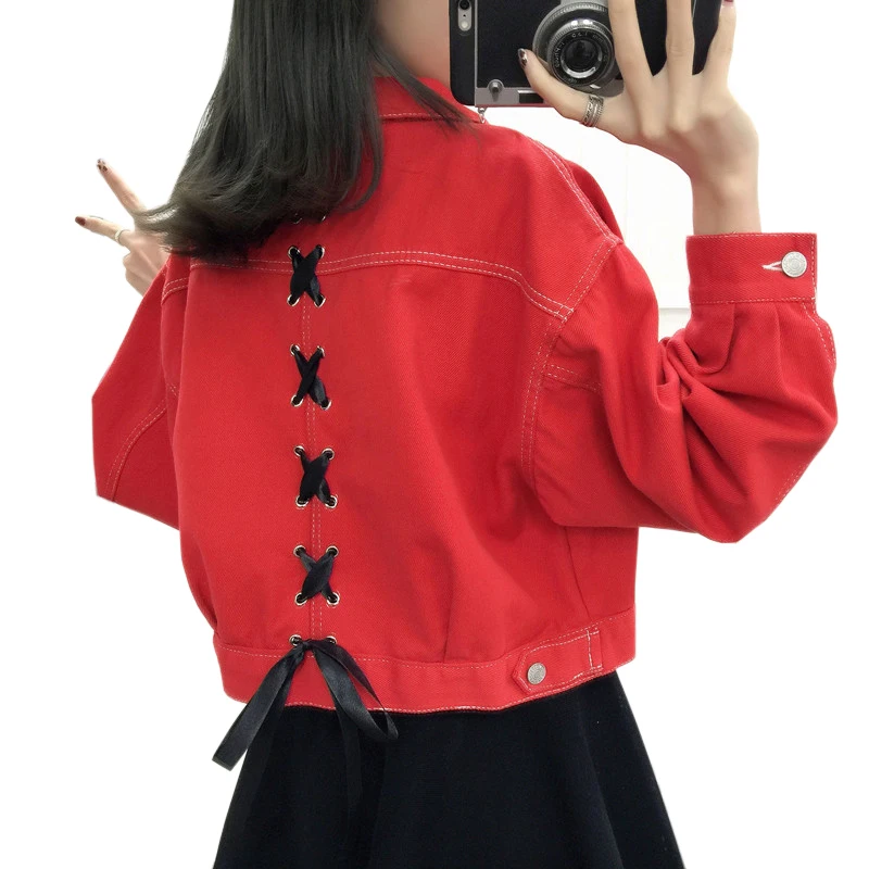 

Bf Spring Women Denim Jacket 2019 New Vintage Harajuku Oversize Loose Female lacing Jeans Coat Solid Slim Chaquetas Mujer LU822