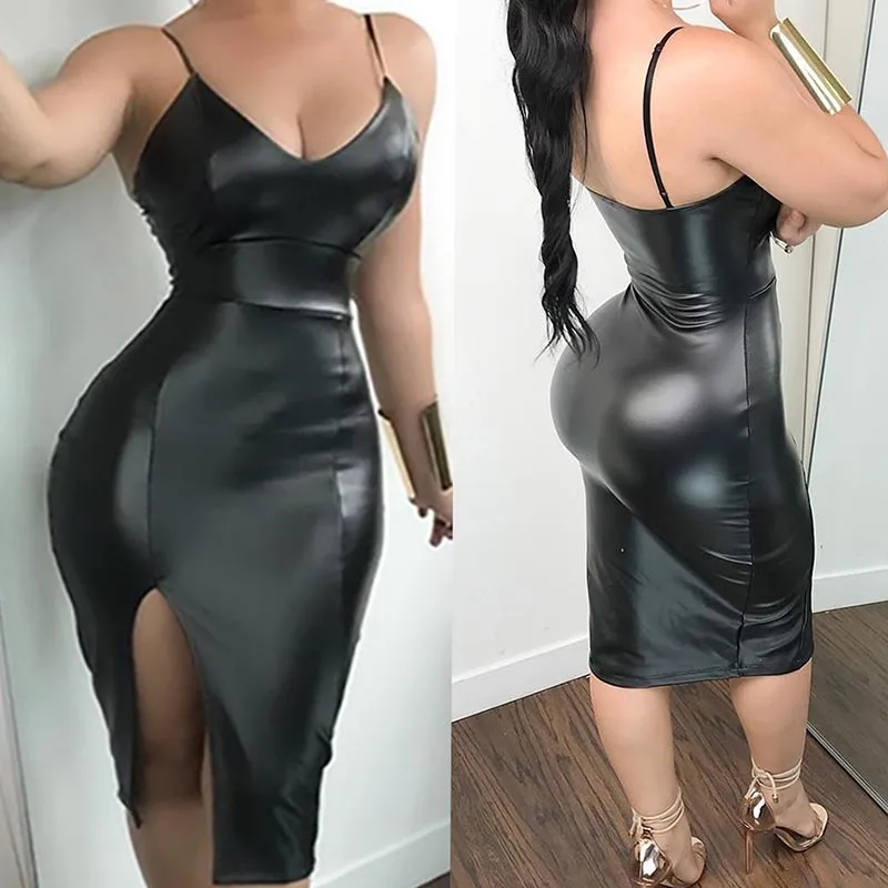 Сексуальные женские Дамские V образным вырезом Bodycon из искусственной кожи мокрого вида Клубная одежда Сплит Тонкий платье - Цвет: Black