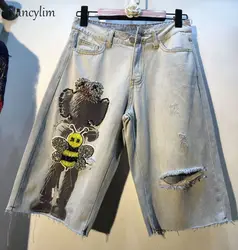 Европейские женские модные джинсы до колен 2019 летние новые тонкие джинсы с высокой талией и пайетками маленькие пчелы женские джинсовые