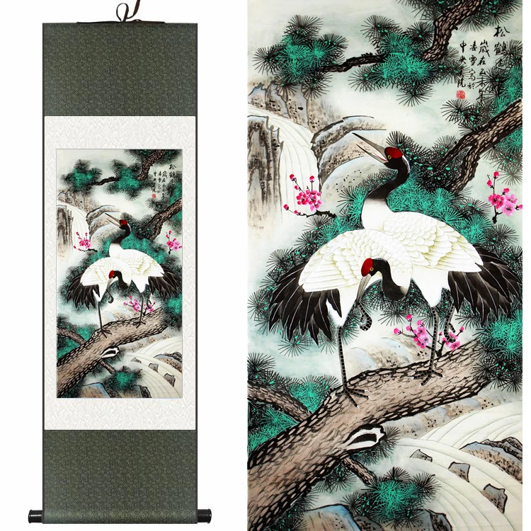 

Traditional Chinese Silk watercolor birds Longevity Pine Two Hok Crane ink art canvas wall picture damask framed scroll painting