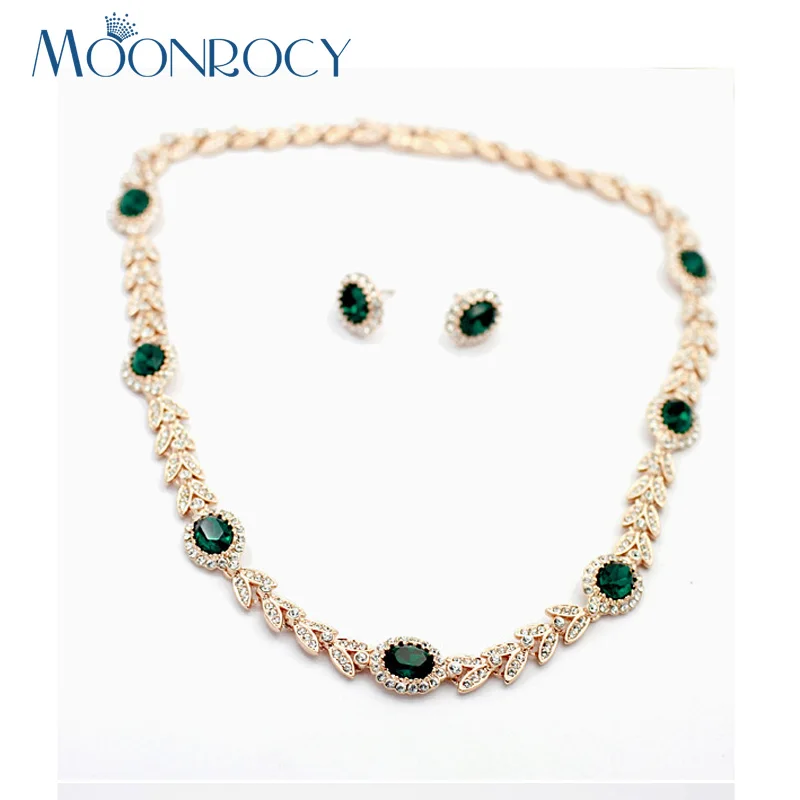 

MOONROCY Rose Gold Color Cubic Zirconia Green Austrian Crystal Bride Necklace Earring Wedding Jewelry Set for Women Gift