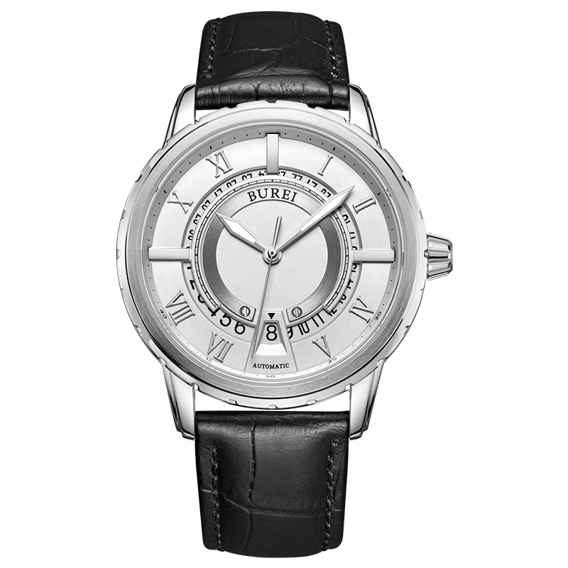 

BUREI 15023 Switzerland watches men luxury brand daydate Japan NH36 Jewels automatic self-wind sapphire silver Leather belt