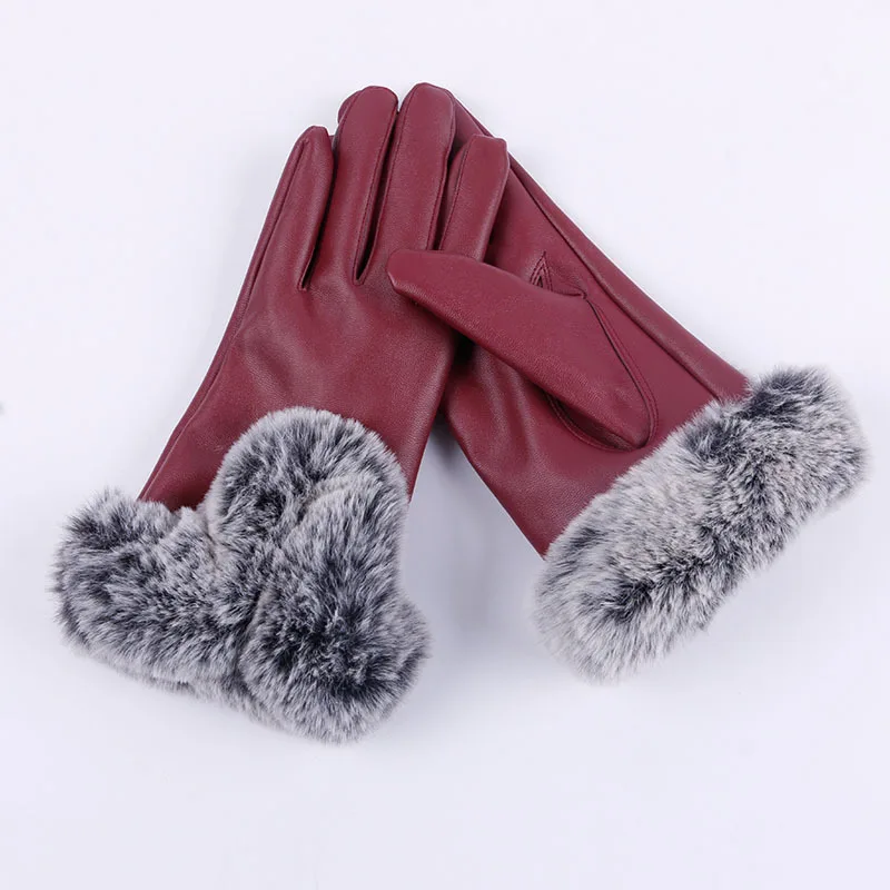 Модные зимние теплые женские перчатки из искусственного кроличьего меха, классические утолщенные перчатки из искусственной кожи, элегантные женские перчатки для улицы - Цвет: Черный