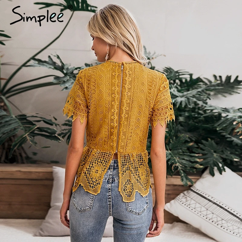 Женская кружевная блузка Simplee с вышивкой, женский ажурный топ с баской, с коротким рукавом, рубашка, женская летняя блузка белого цвета