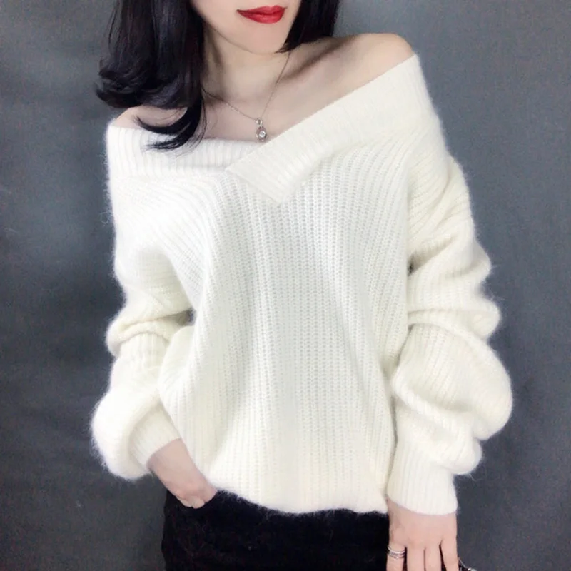 Winter Cashmere V-neck Pullovers Women Sweaters Mohair Knited Warm Thick Loose Lantern Sleeve Fashion Ribbed Tops jersey mujer Winter Cashmere V-neck Pullovers Women Sweaters Mohair Knited Warm Thick Loose Lantern Sleeve Fashion Ribbed Tops jersey mujer