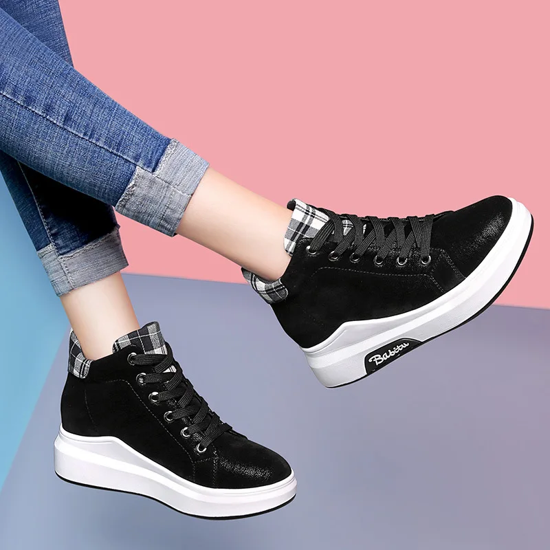 JINBEILEE  New Sports Walking Shoes Women's Thick Bottom Increased Fashion Breathable Leather Casual Shoes Women