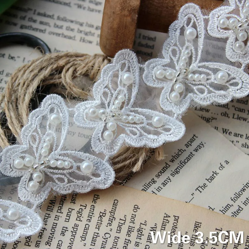 

3.5CM Wide Luxury Organza Embroidery Ribbon 3D Beaded Butterfly Lace Fabric Applique Collar Dresses Sewing Headwear Veil Decor