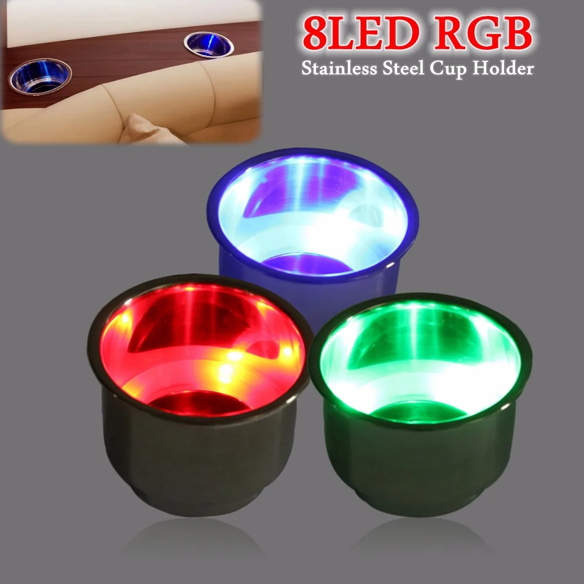 8LEDRGBRecessedStainlessSteelCupDrinkHolderForMarineBoatCar