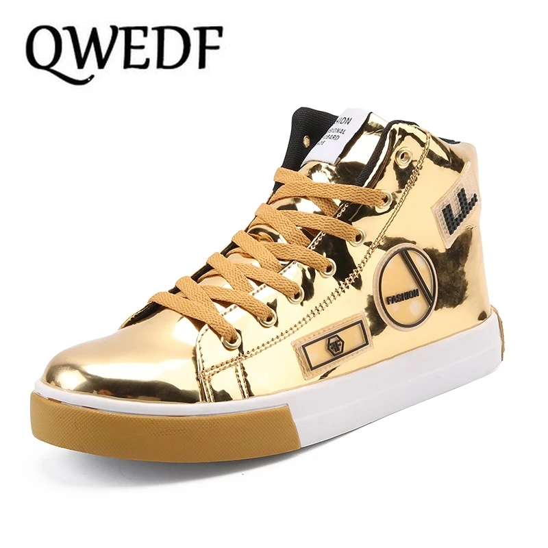 

QWEDF 2019 Spring Men Patent Leather Male Golden Silver High Tops Men's Super Cool Shoes Glitter Casual Shoes Flats Shoes GF-94