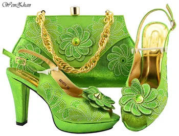 

Hot Selling To Match Italian African High Heel Shoe and Bag Sets Lemon Green Women Shoe and Bag Sets .For Wedding Parties B89-22