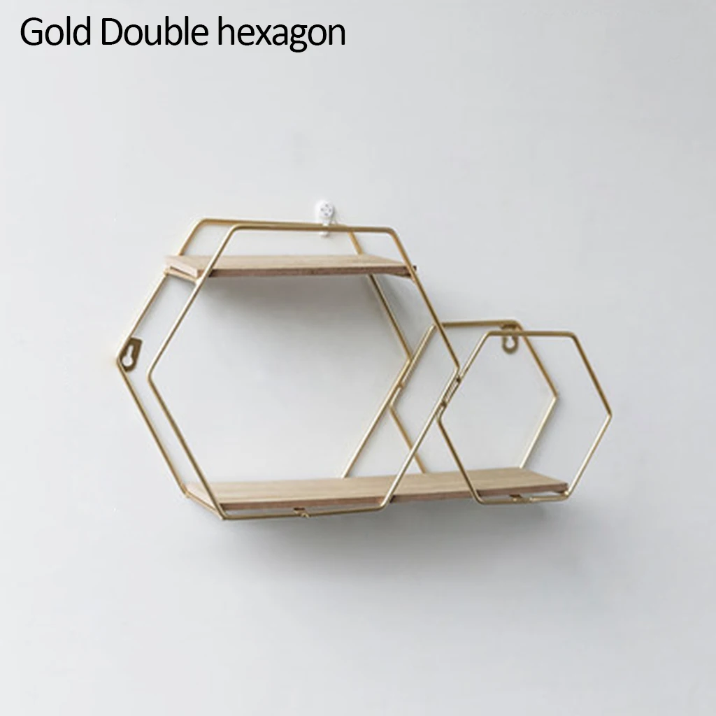 Wooden Iron Wall Shelf Hexagon Geometric Storage Rack Hanging Organizer For Kitchen Bathroom Nordic Home Decoration Holder J19 - Цвет: Gold Double Hexagon