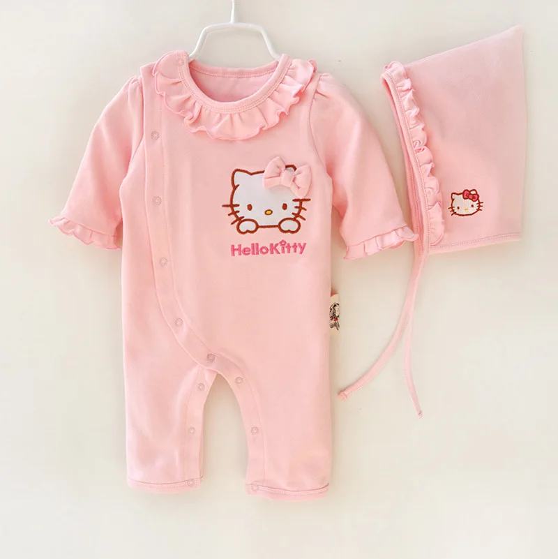 Для маленьких девочек Одежда для новорожденных Bebes рисунок «Hello Kitty» Комплекты одежды для девочек новорожденных подарки Кружево Комбинезоны для малышек+ шляпа хлопковый комплект одежды - Цвет: Розовый