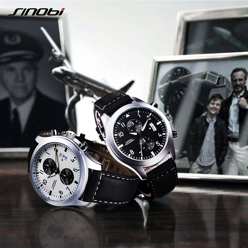 Tanie SINOBI męskie chronograf sport zegarki mężczyźni skórzany wojskowy zegarek luksusowej marki zegarek kwarcowy męski na rękę Relogio Masculino