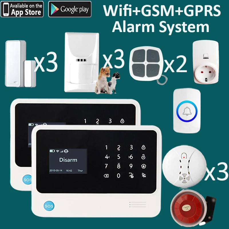 2017 Chuangkesafe 2 G90B panels wifi +sim card home security alarm system 3 pet PIR motion