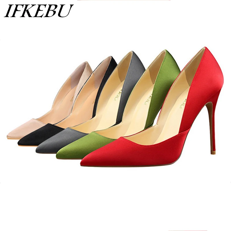 

Pumps Women Shoes High Heels Slides Silk Pointed Toe Shoes Heel Pump Slip on Shallow Sandals Black Red Green Gray Zapatos Mujer