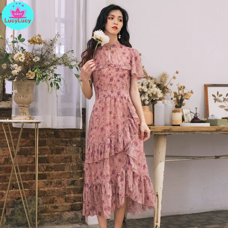 

2019 Europe and the United States new summer small floral long pink dress