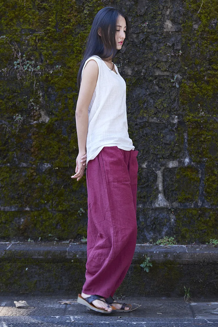 LZJN Baggy Pantalon Women Loose Ankle length Pants Linen Wide Leg Ladies Casual Sand Wash Summer Cool Baggy Trousers with Pocket (30)