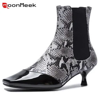 

MoonMeek HOT 2020 fashion genuine leather boots square toe ankle boots women thin high heels slip on autumn boots