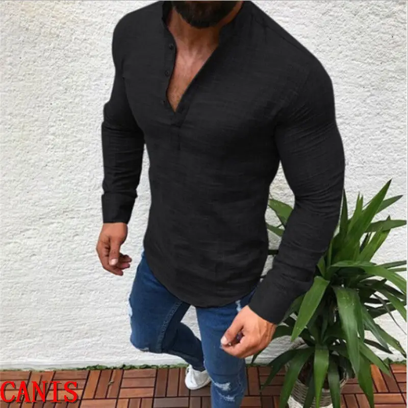 Брендовые мужские повседневные облегающие рубашки с v-образным вырезом, мужские тонкие рубашки, обычные хлопковые мужские футболки с длинным рукавом - Цвет: Черный