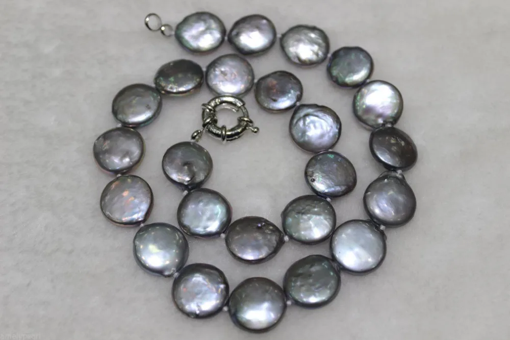 

fast Coin shape freshwater pearl necklace gray 14-15mm 17INCH AAA