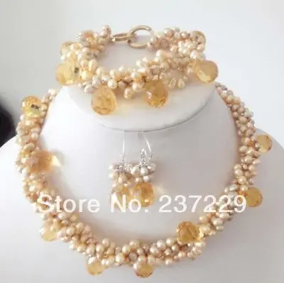 

Wholesale price FREE SHIPPING agold pearl yellow crystal necklace bracelet earring set