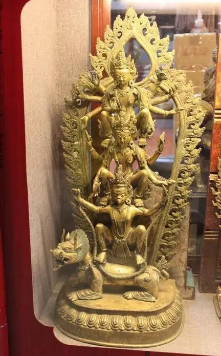 

30"Tibet Temple Purple Bronze 24K Gold Kwan-yin Garuda Bird Three Buddha Statue