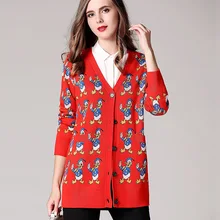 Micosoni высокое качество Зимний Красный Дональд Дак жаккардовый v-образный вырез с длинными рукавами вязаный кардиган свитер для женщин Largo Mujer