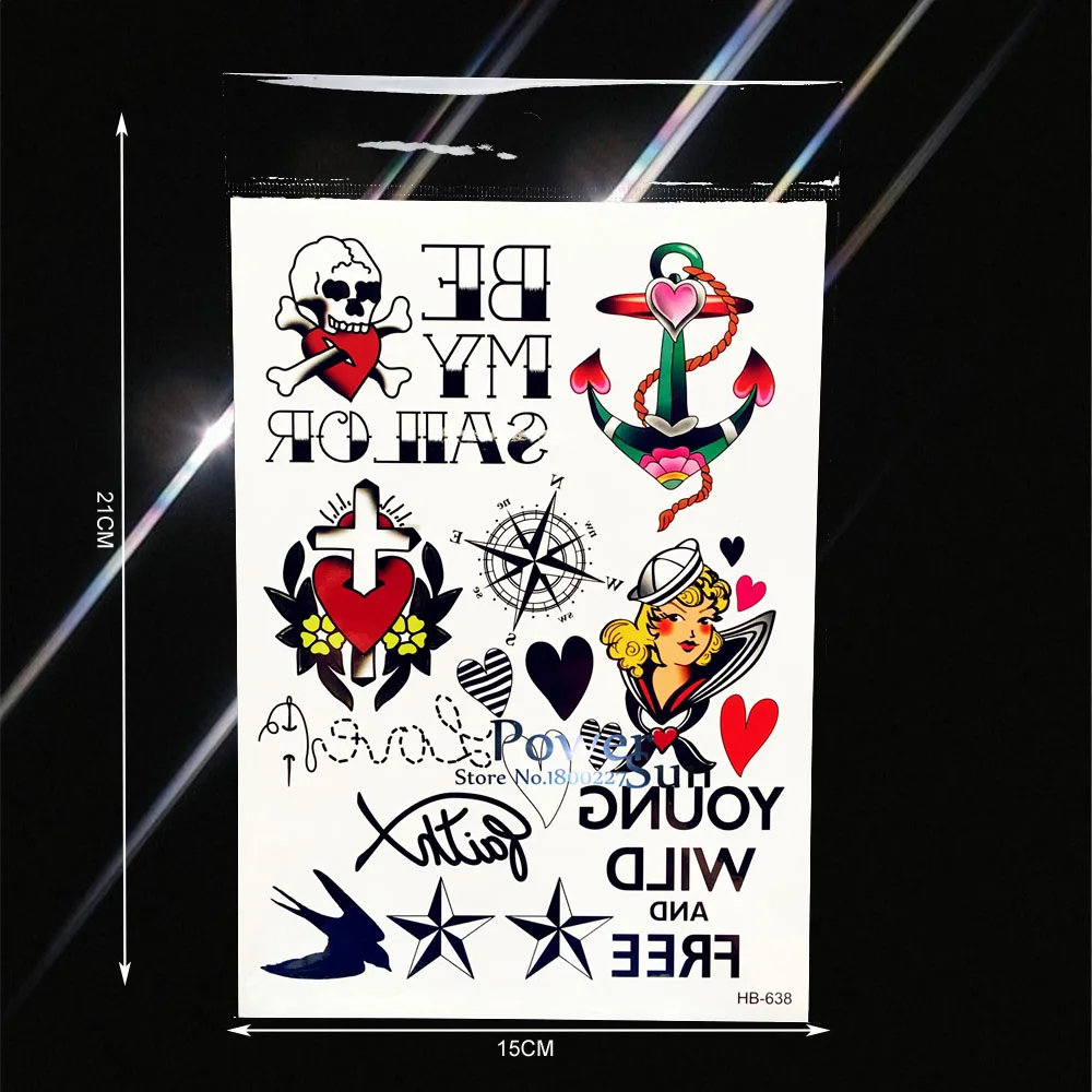 

One Piece Temporary Tattoo Pirate Anchor Compass Cross Death Skull Head Star Captain Fake Flash Kids Body ARm Tattoo Sticker 638