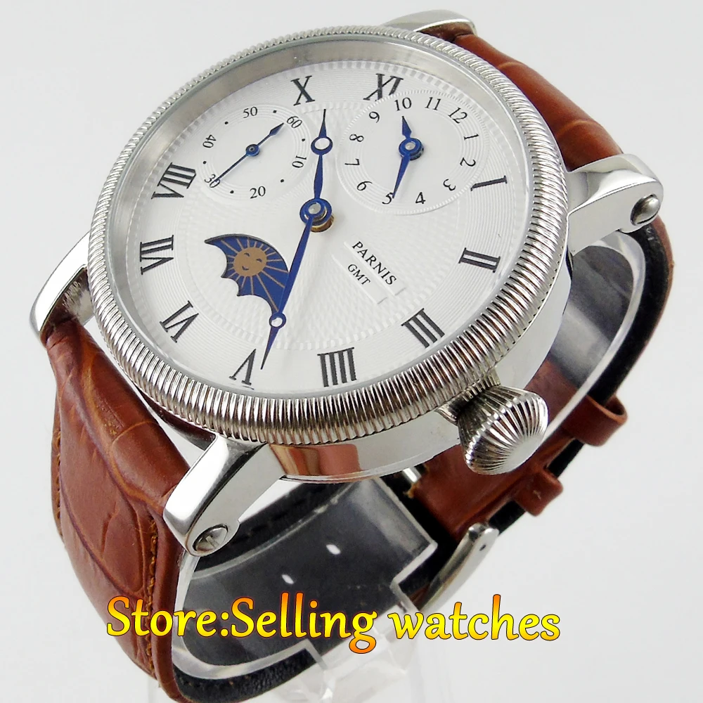 42mm Parnis White Dial Moon Phase GMT Hand Winding Mens Wrist Watch