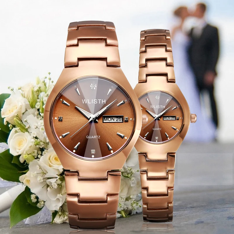 

WLISTH Couple Watch Women Men Luxury Crystal Quartz Wrist Watches Lovers Clock Week Date Rose Gold Montre Femme Relogio Feminino