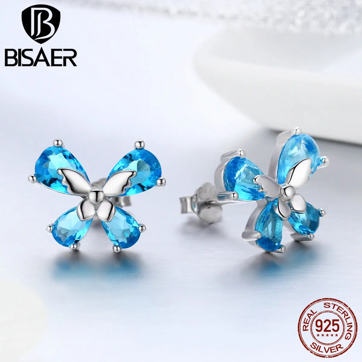 

BISAER Brincos 925 Sterling Silver Butterfly Wings Feather CZ Crystal Stud Earrings Women Sterling Silver Jewelry Bijoux ECE371