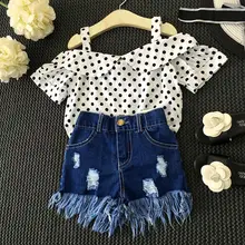 Filles Vêtements Set Dot Blanc Tops + Gland Jeans trous Court pantalon Enfants Vêtements Costume Denim Enfants Vêtements ensemble bébé fille costume