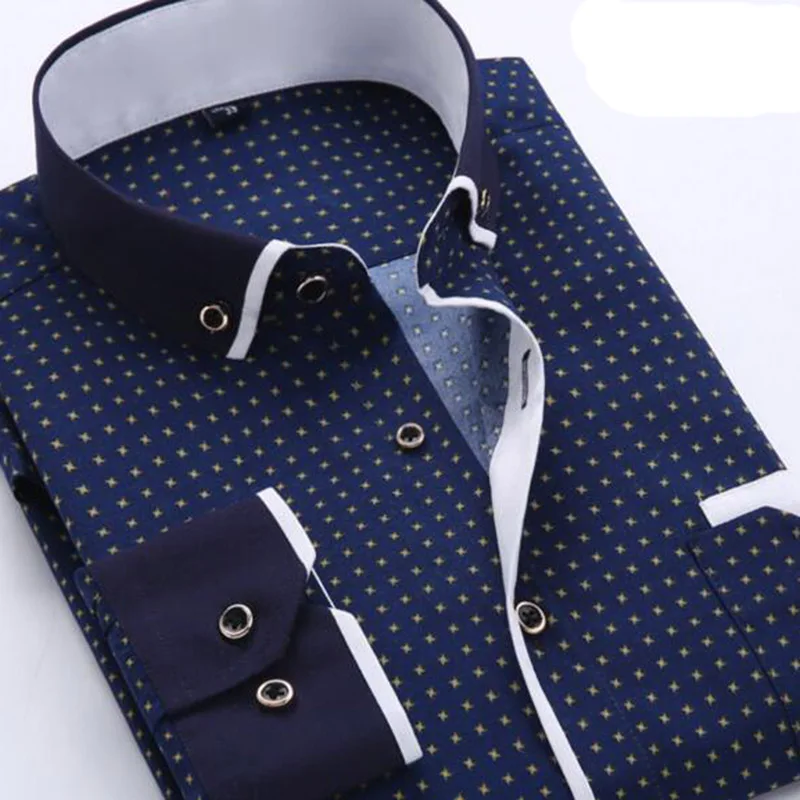 Горячая Распродажа, деловая мужская одежда с длинным рукавом, Однотонная рубашка с принтом, Облегающая рубашка для зимы и осени, одежда размера плюс S-4XL - Цвет: dark blue