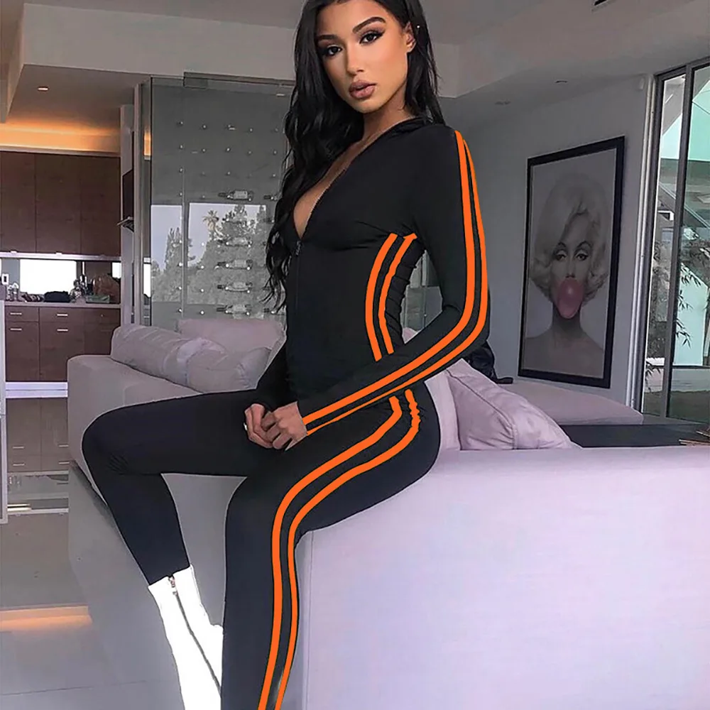 

Sexy Striped Patchwork Jumpsuit Women Long Romper One-Piece Yoga Set Fitness Playsuit Zipper Workout Sports Running Gym Clothing
