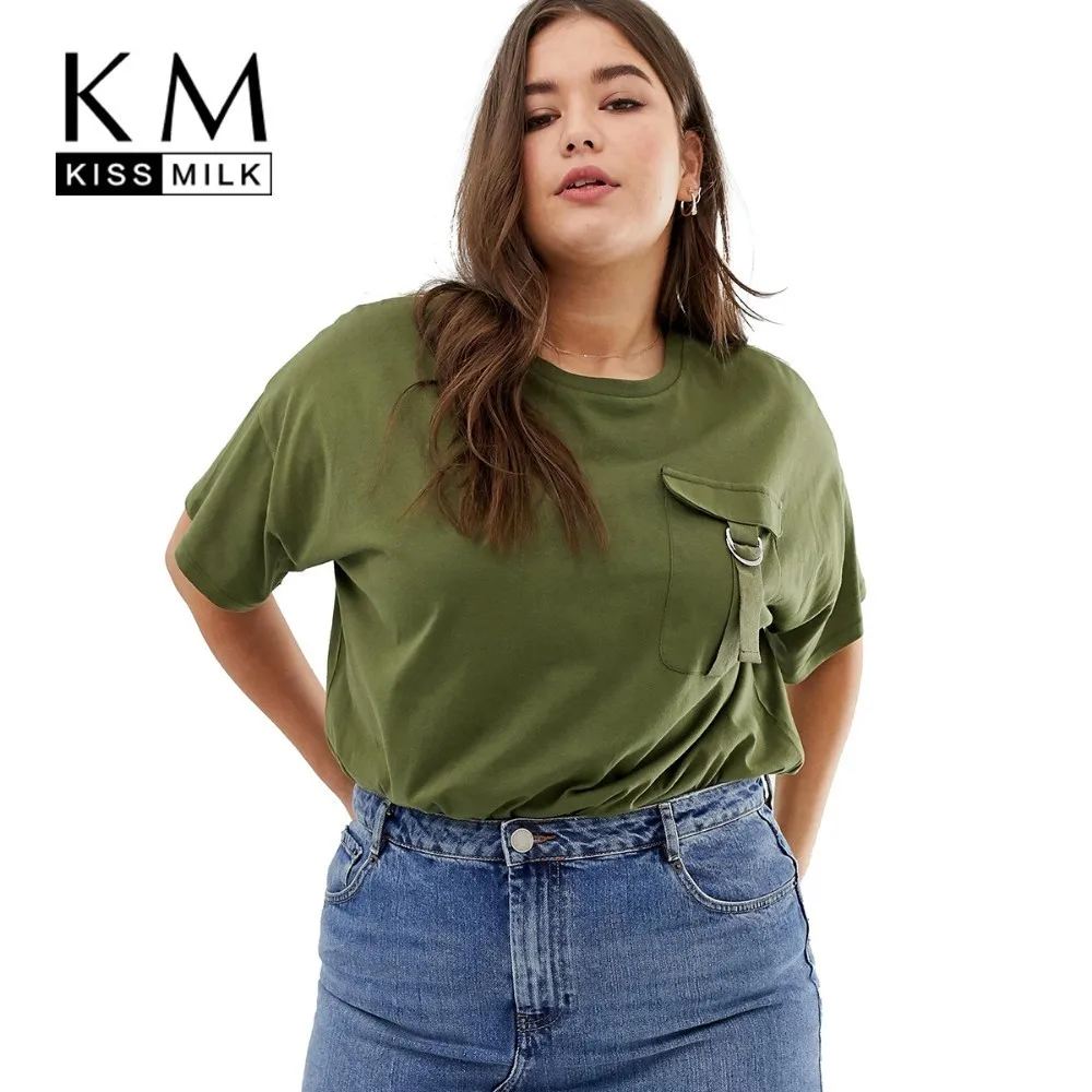

Kissmilk Plus Size Women Clothes Simple O-Neck Pocket Design Loose Green T-Shirt