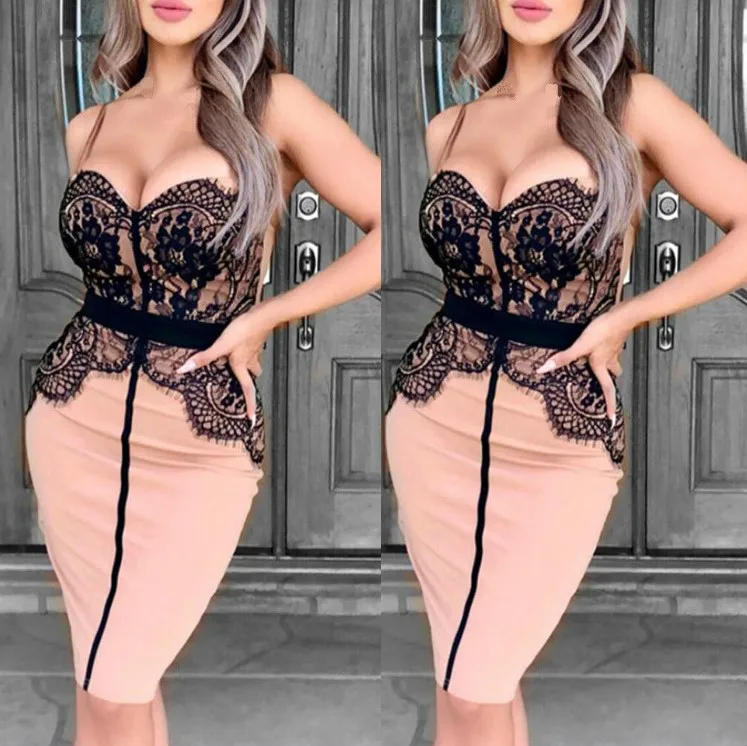 

2019 summer women's dress sexy bag hip dress Sling lace stitching dress