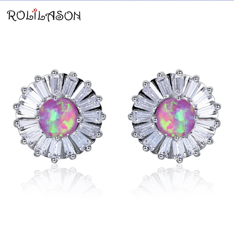 

ROLILASON Flower special design pink Fire Opal white crystal Silver Fashion Jewelry Stud Earrings for women OE688