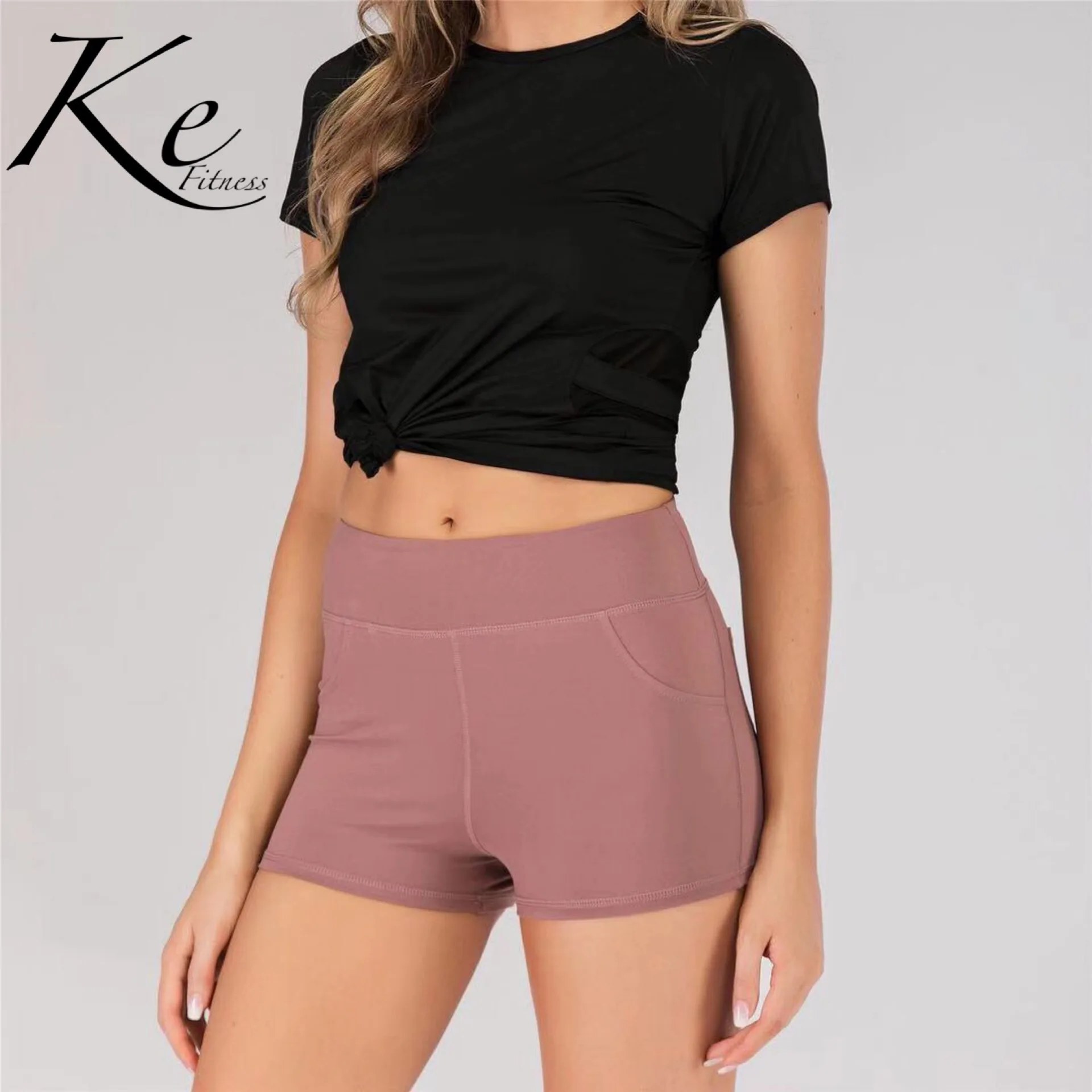 Ke honey peach hip shorts hip pocket fitness yoga shorts hot pants women tight elastic spinning bike hot pants