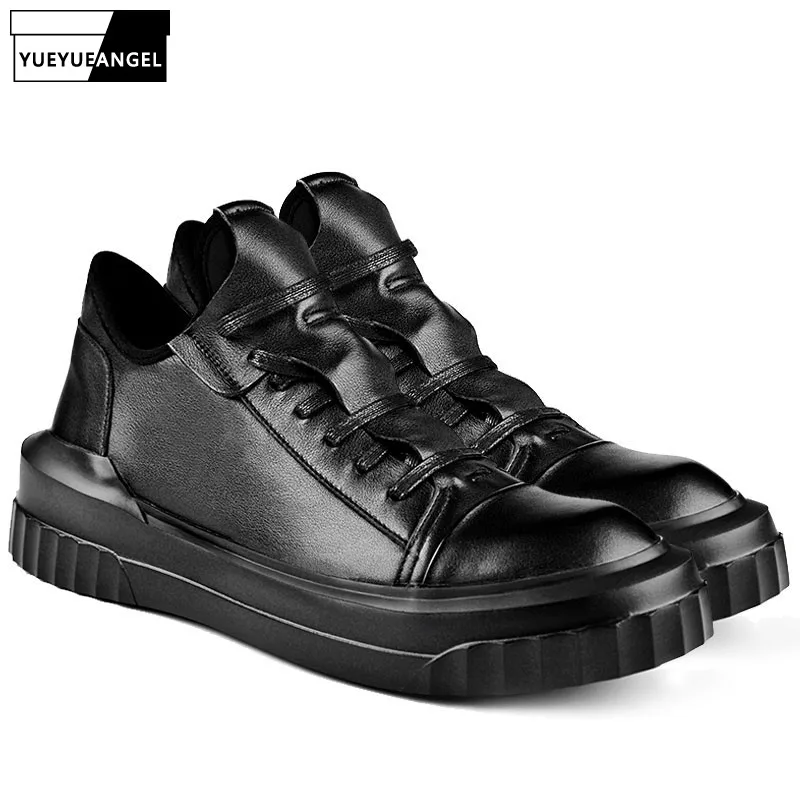 

2019 Round Toe Real Leather Boots Men Luxury Trainers Ankle Boots Casual Lace Up Height Increase Black Male Winter Sneakers