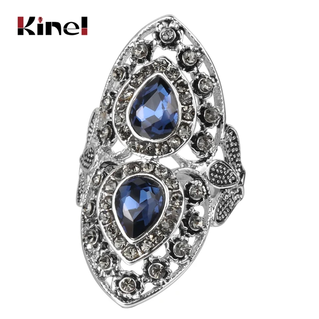 Kinel Luxury Grey Crystal Vintage Wedding Jewelry Antique Silver Blue Glass Ring Kinel Luxury Grey Crystal Vintage Wedding Jewelry Antique Silver Blue Glass Ring