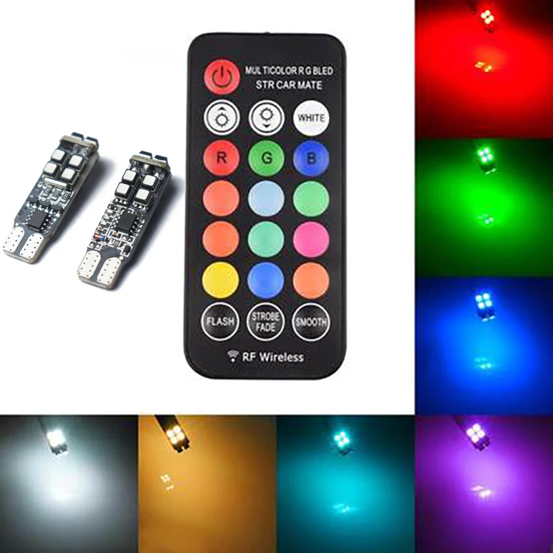 

T10 LED W5W signal lights Canbus RGB reading lamp wedge lamp strobe light colorful Multi Mode car bulbs with remote controller
