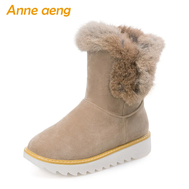 

New Winter Women Snow Boots Middle Heel Round Toe Rabbit Fur Slip-On Sexy Ladies Women Shoes Beige Women Ankle Boots Big Size