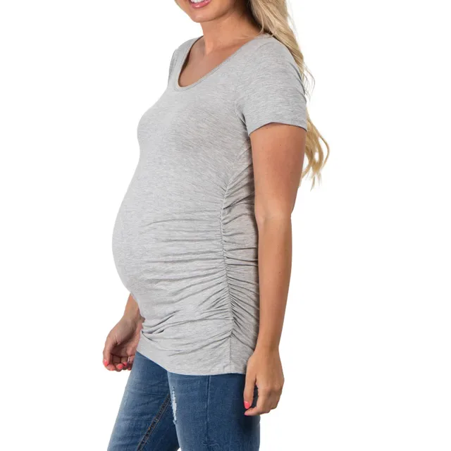 Summer Womens Maternity Clothing Classic Side Ruched Tops O-Neck Solid Color Pregnancy Clothes Top Soft Comfortable Blouse Shirt