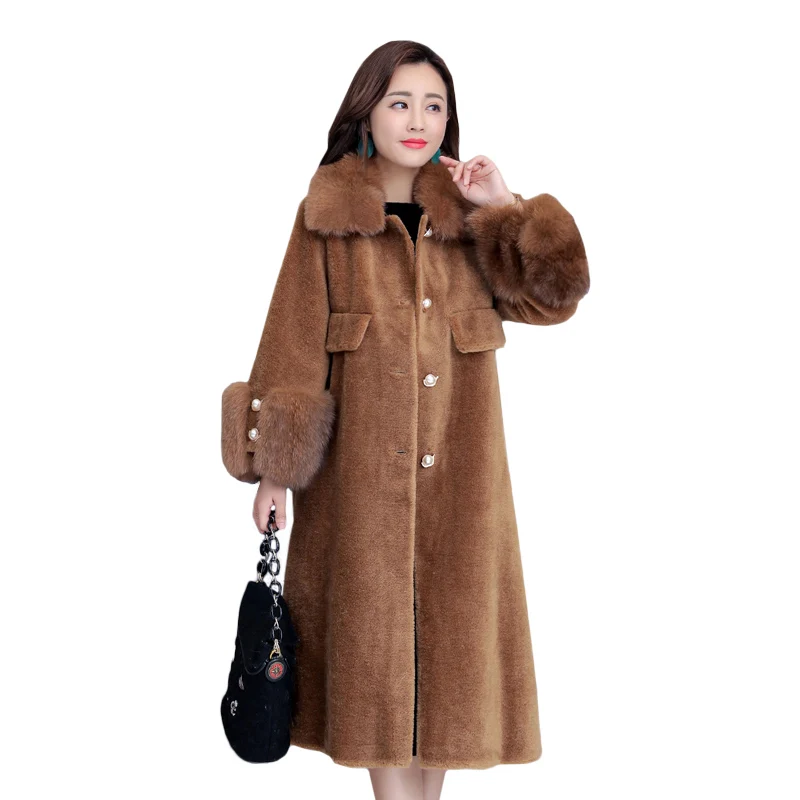 Женская зимняя длинная куртка из овчины, пальто, теплая Толстая плюшевая одежда, Офисная Леди, повседневная одежда размера плюс, женские элегантные пальто, одежда - Цвет: Coffee