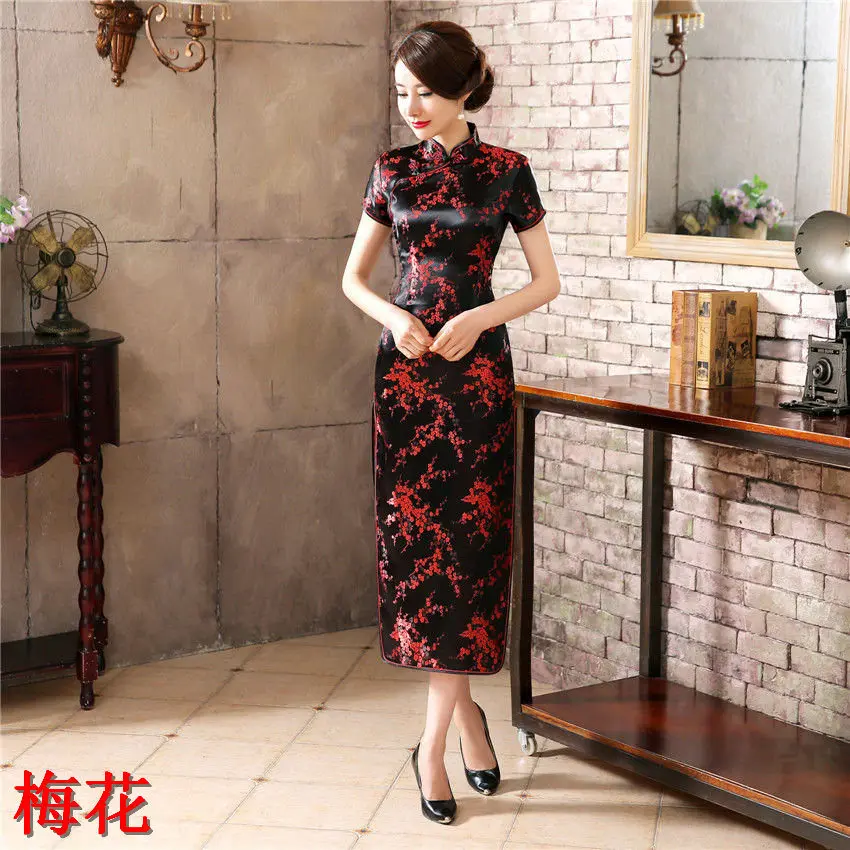 Черное женское длинное традиционное китайское стильное платье Ципао размера плюс S M L XL XXL XXXL 4XL 5XL 6XL Mujer Vestido J3086 - Цвет: Black Red