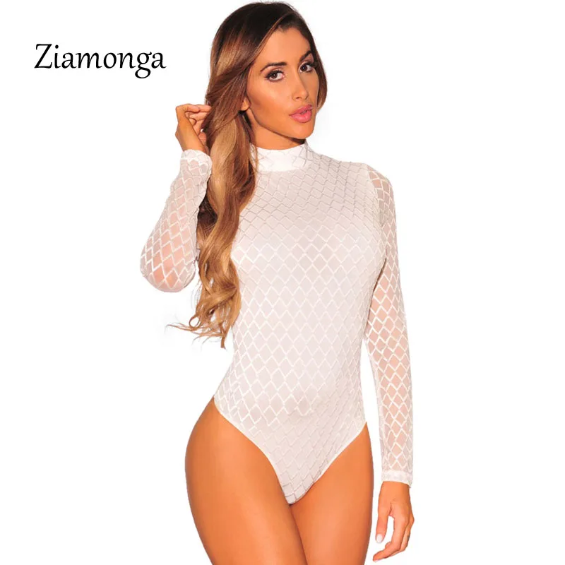 

Ziamonga 2019 Brand Sexy Bodysuit Jumpsuit Romper Women Black White Hollow Long Sleeve Mesh Bodycon Jumpsuits Stretch Body Femme